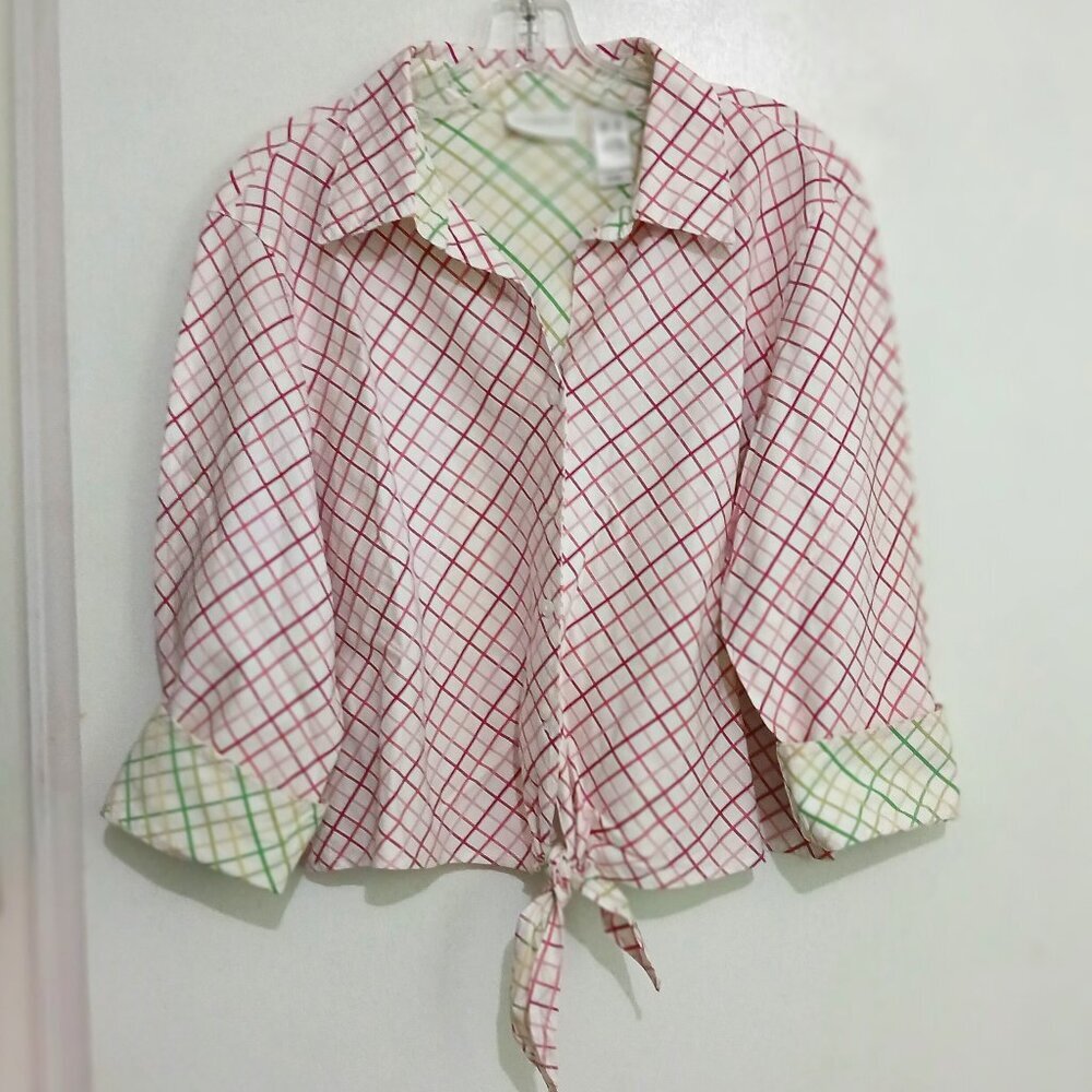 Vintage Cotton Pink on White Argyle Plaid Tie Front  Roll Up Cuff Top  Sz XL